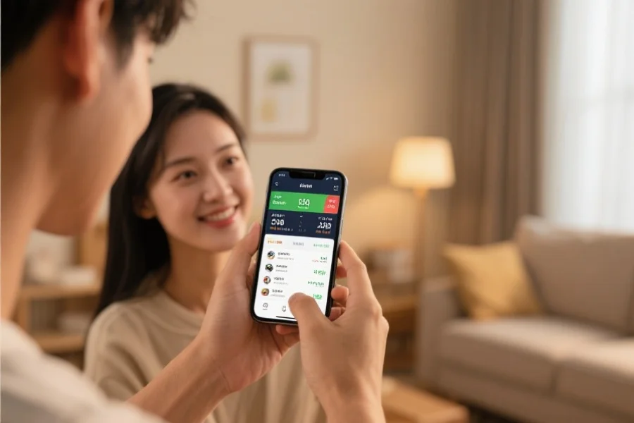 一位年轻男女用户手持智能手机，正在专注浏览体育赛事app，屏幕上展示实时比分与赛程信息，背景为温馨居家环境